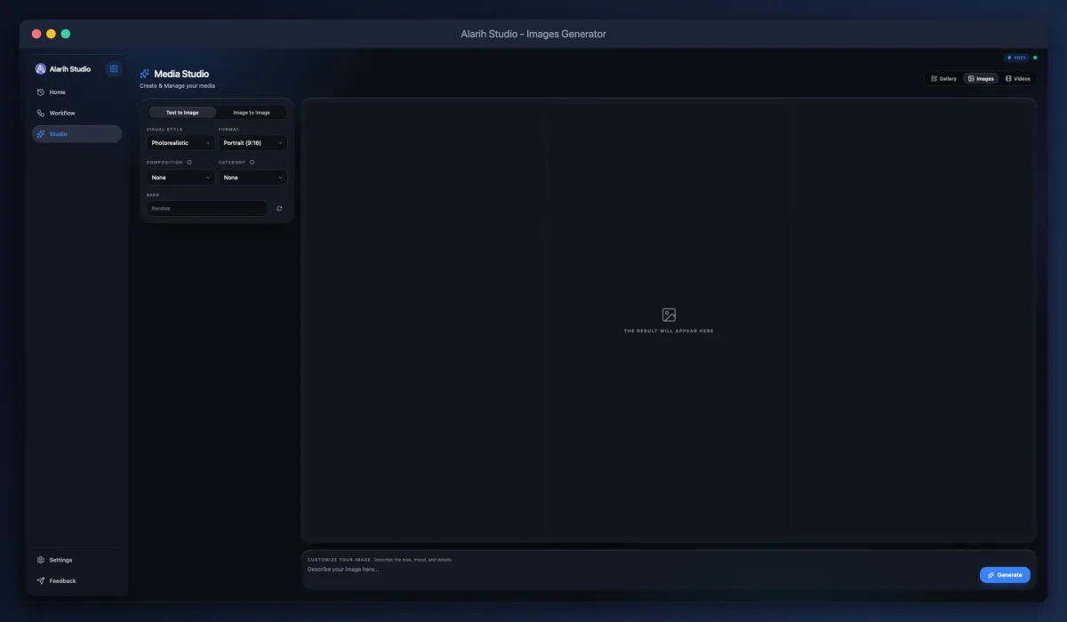 Alarih Studio image generator: style, format and prompt settings