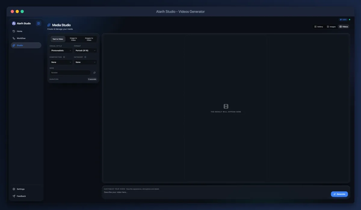 Alarih Studio video generator: text to video with style, format and duration settings